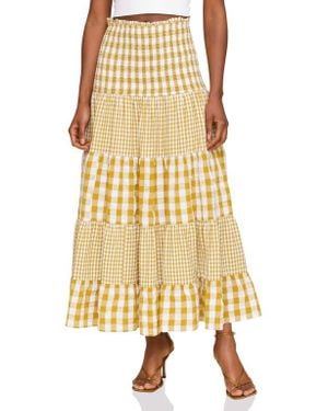 Avec Les Filles Mixed Print Tiered Cotton Gingham Maxi Skirt - Yellow