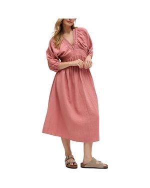 Raffya Soipoi Ruched V-Neck Midi Dress - Pink
