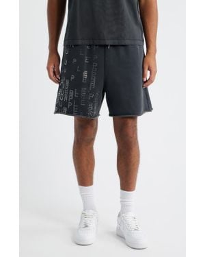 Purple Brand Embellished Logo Raw Hem Fleece Drawstring Shorts - Gray