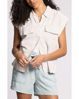 Thread & Supply Lydia Stripe Short Sleeve Linen Blend Button-Up Shirt - Gray