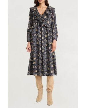 The Good Journey Ruffle Floral Print Long Sleeve Cotton Midi Dress - Black