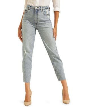 Guess Distressed Raw Hem Ankle Mom Jeans - Blue