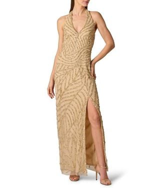 Aidan Mattox Sunburst Bead Detail Halter Neck Gown - Natural