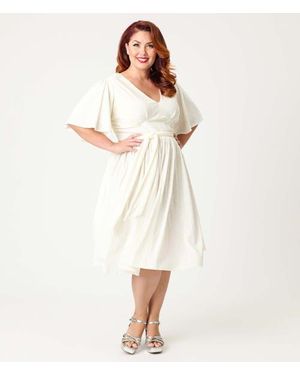 Unique Vintage Plus Size 1940S Velvet Flutter Sleeve Swing Dress - Natural