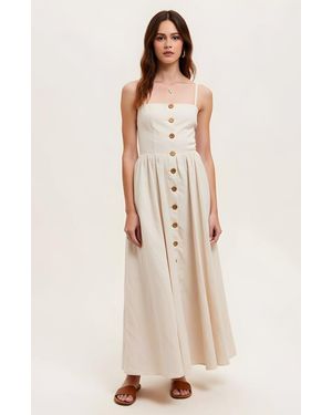 Modenaire Button Front Midi Dress With Spaghetti Straps And Side Pockets - Natural