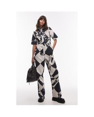 TOPSHOP Distressed Geo Print Cotton Jumpsuit - Black