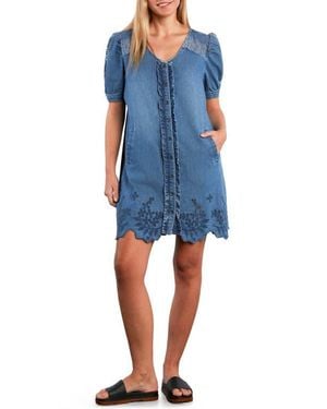 Wash Lab Denim Lovelace Puff Sleeve Denim Minidress - Blue