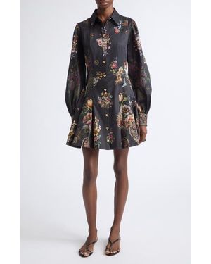 CAMILLA Floral Long Sleeve Stretch Cotton Shirtdress - Black