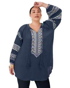 June + Vie Embroidered Peasant Blouse - Blue