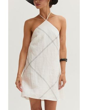 Crescent Contrast Stitch Halter Linen Mini Dress - White