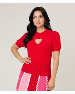 Smak Parlour Printed Heart Cutout Knit Sweater - Red