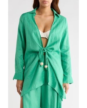 Elan Tie Front Long Sleeve Linen Cover-Up - Green