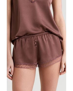 Etam Plume Lace Trim Satin Shorts - Red