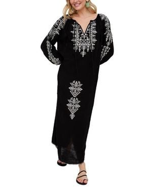 Raffya Aurelia Kaftan Style Embroidered Maxi Dress - Black