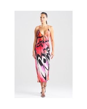 Natori Butterfly Linen Blend Open Back Slip Dress - Red