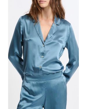 Etam Pearly Silk Chemise Button-Up Pajama Shirt - Blue