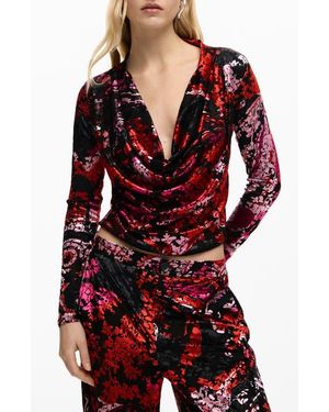 Desigual Floral Print Cowl Neck Long Sleeve Shirt - Red