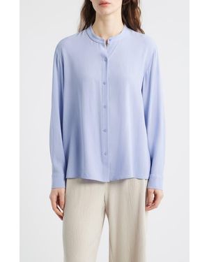 Eileen Fisher Mandarin Collar Silk Button-Up Shirt - Blue