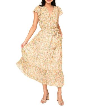 Gibsonlook Floral Flutter Sleeve Midi Dress - Natural