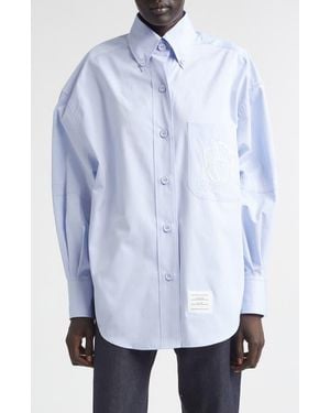 Thom Browne Crest Embroidered Oversize Cotton Poplin Button-Down Shirt - Blue