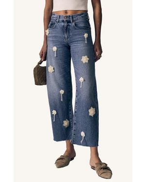 Le Jean Nomad Flower Appliqué High Waist Wide Leg Jeans - Blue