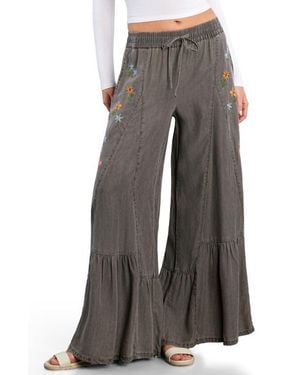 Billy T Embroidered Butterfly Drawstring Wide Leg Jeans - Gray
