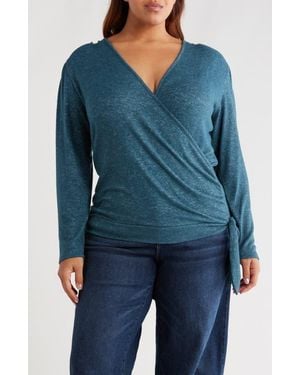 Loveappella Wrap Front Side Tie Knit Top - Blue