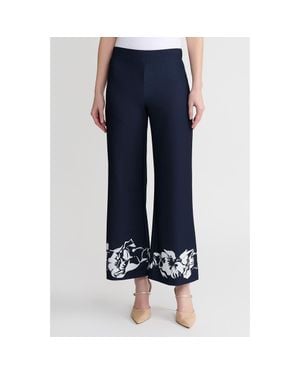Ming Wang Stretch Deco Crepe Floral Print Wide-Leg Pants - Blue