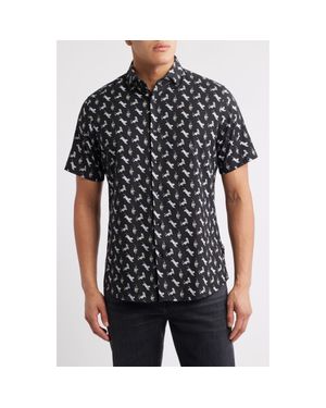 Stone Rose Tiger Print Short Sleeve Button-Up Shirt - Black