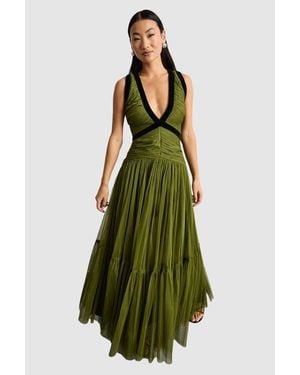 Warehouse Petite Velvet Trim Tulle Maxi Dress - Green