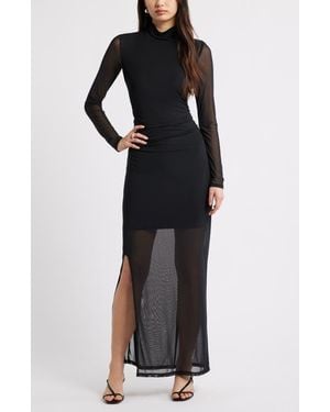 Open Edit Mock Neck Long Sleeve Mesh Maxi Dress - Black