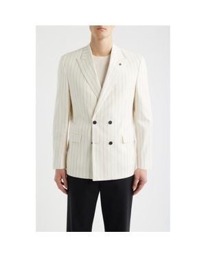 AllSaints Ridley Slim Fit Pinstripe Double Breasted Sport Coat - Natural