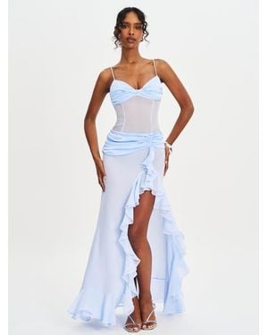 Miss Circle Lacy Ruched Breast High Slit Chiffon Dress - Blue