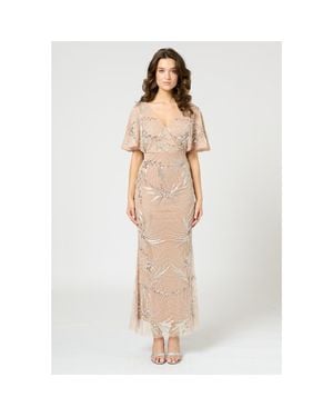 Beauut Embellished Sequin Beaded Maxi Dress With Cape Sleeve - Natural