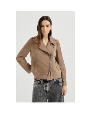 Brunello Cucinelli Suede Biker Jacket With Monili - Brown