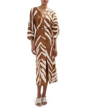 Mango Print Tie Waist Midi Dress - Brown