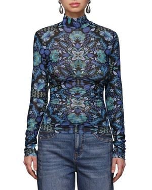 Avec Les Filles Floral Print Mock Neck Long Sleeve Shirt - Blue
