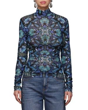 Avec Les Filles Floral Print Mock Neck Long Sleeve Shirt - Blue