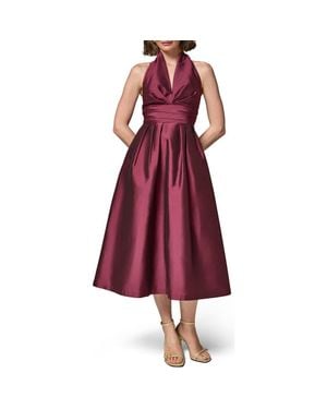 Donna Karan Plunge Neck Taffeta Midi Dress - Red