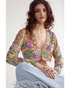 Nasty Gal Star And Heart Embellished Crop Jacket - White