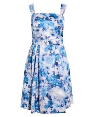 Tahari Floral Print Belted Sleeveless Dress - Blue