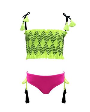 NESSI BYRD Stitch Shirred Bandeau Tassel Strap Two Piece Bikini,Toddler-Little Kid & Big Kid - Green