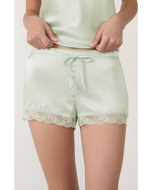Etam Milky Lace Trim Washable Silk Satin Pajama Shorts - Green