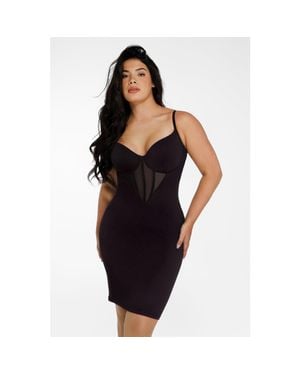 Popilush Shapewear Mesh Corset Panel Built-In Sculpting Midi Dress - Black