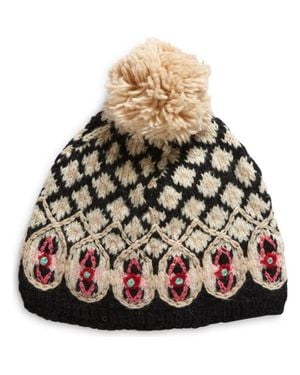 French Knot Wool Pompom Beanie - Black
