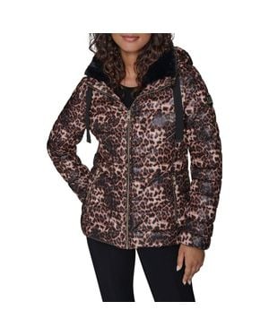 KARL LAGERFELD Logo Tape Faux Fur Collar Puffer Jacket - Black