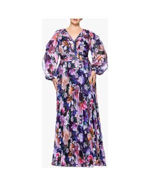 Betsy & Adam Metallic Floral Pleated Long Sleeve Gown - Blue