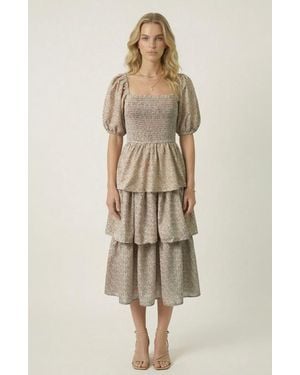 Modenaire Smocked Tiered Puff Sleeve Maxi Dress - Natural