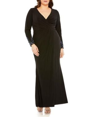Mac Duggal Plus Long Crystal Detail Sleeve V Neck Gown - Black