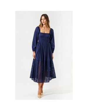 Modenaire Square-Neck Smocked Midi Dress With Long Sleeves And Eyelet Hem - Blue